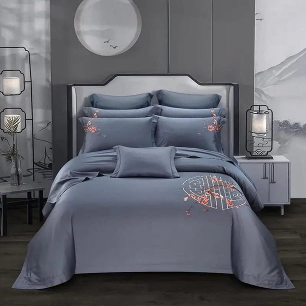Juego de cama de algodón azul ahumado