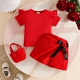 thumbnail image 5 of CUZIBR Toddler Girls Solid Color Outfits 3 Piece Crewneck Ribbed Ruffles Short Sleeve Tops T Shirt A-Line Floral Pleated Skirts With Bag Trendy Elegant Party Dailywear,Red,9-12 Months, 5 of 7