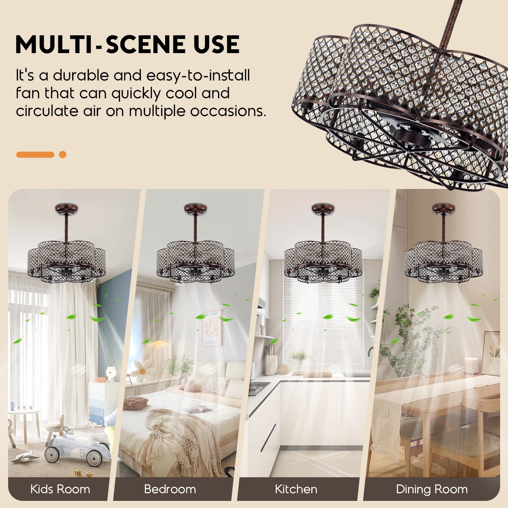 Aukfa 30" Ceiling Fan with light, Crystal Fan with Anti-Thelft Function for Living Room