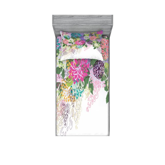 Ambesonne Flower Fitted Sheet & Pillow Sham Set, Vintage Boho Inspiration, Twinxl, White Violet