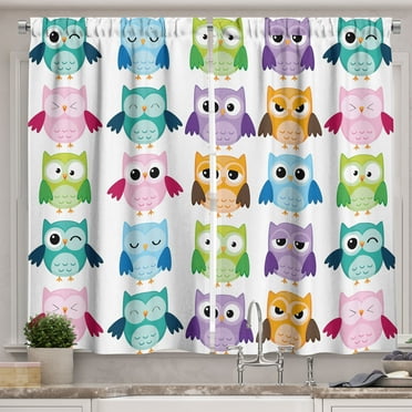 Ambesonne Cartoon Kitchen Curtains, Friendly Bird Owl Comic, 55"x39", Multicolor