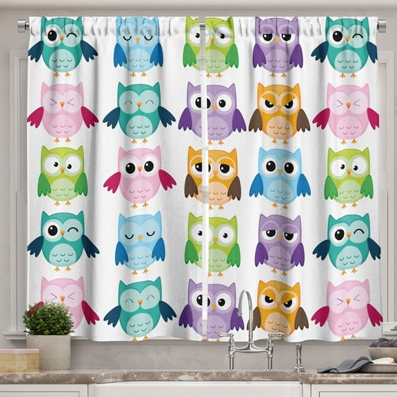Ambesonne Cartoon Kitchen Curtains, Friendly Bird Owl Comic, 55"x39", Multicolor