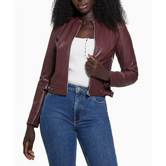 GUESS Women's Faux-Leather Moto Jacket with Snap Collar, Medium