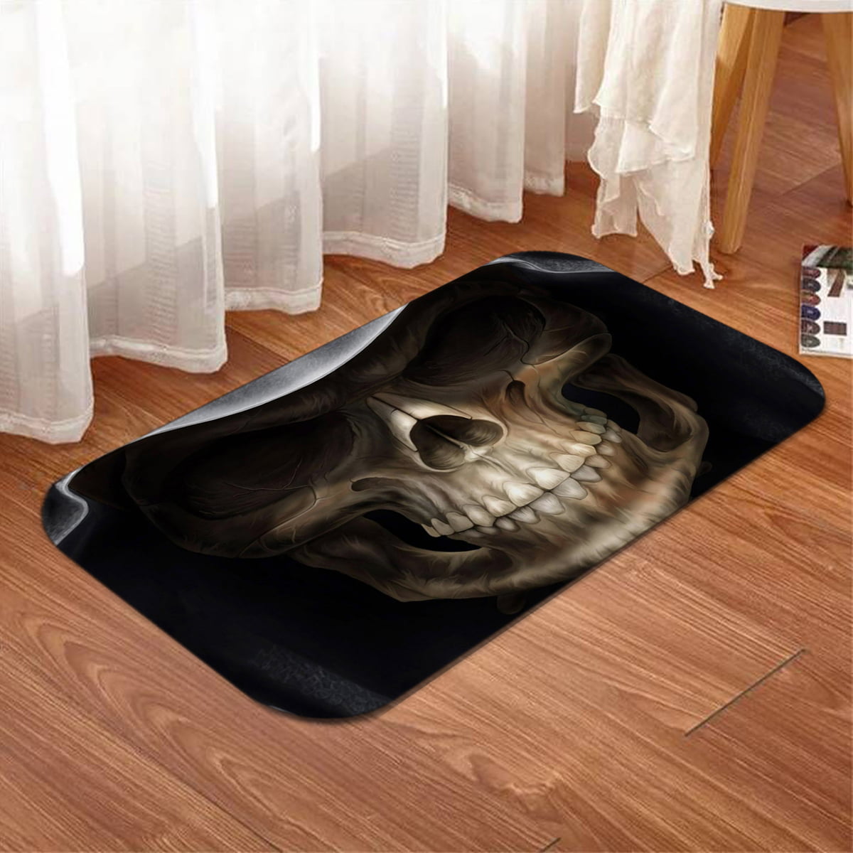 Bathroom Decor Skull Waterproof Bath Shower Curtain Toilet Cover Mat Rug Carpet 