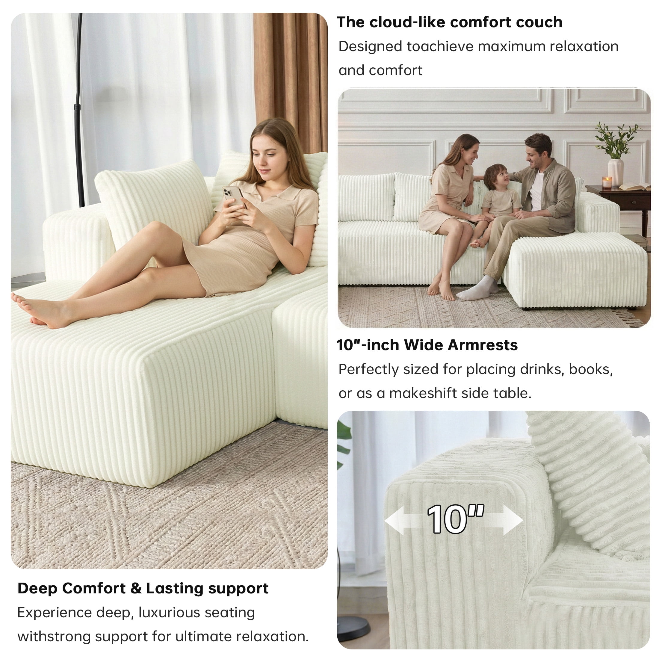 SOULART 130" White U L-Shaped Modular Cloud Couch, Sectional Sofa with Chaise – No Assembly, 5-Seater, Corduroy ，Boneless Sofa,