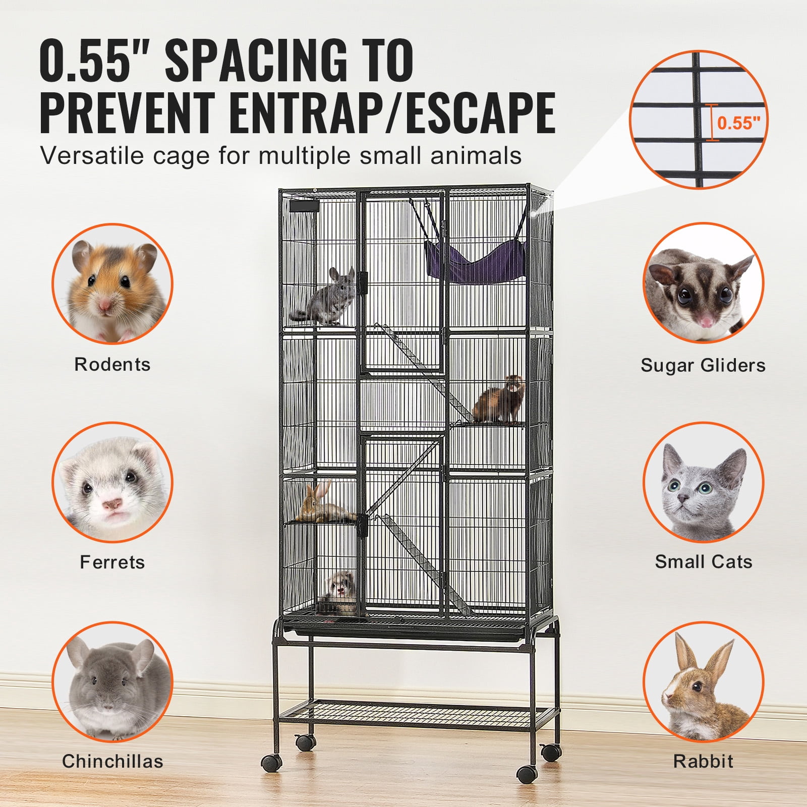 KFFKFF 69" Metal Cage on Wheels, Spacious 4-Level Habitat for Small Pets, Includes Ramps & Tray, Simple Assembly, Ideal for Ferrets, Rats, Guinea Pigs, Chinchillas, Squirrels, Hedgehogs, Bunnies