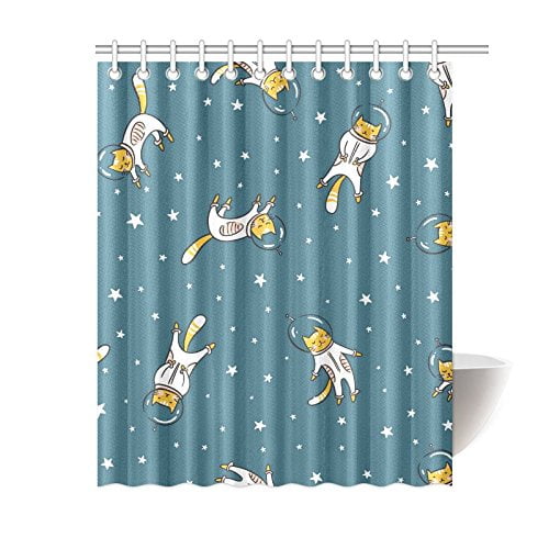 72/79" Bathroom Mat Shower Curtain Rug Black Cat Galaxy Waterproof Decor 4062 