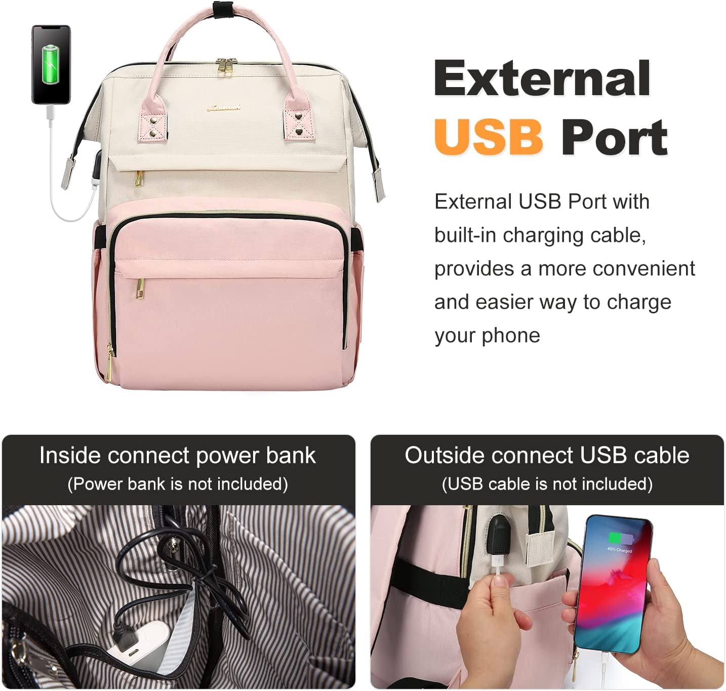 Lovevook Laptop Bag 15.6",Women Work Computer Bag Teacher Nurse Backpack Purse with USB,Waterproof Travel Backpack College Bookbag(Beige-Pink)