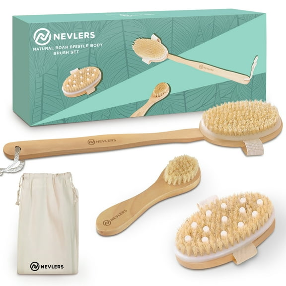 Nevlers Natural Boar Dry Body Brush Set | Exfoliate, Massage, Reduce Cellulite