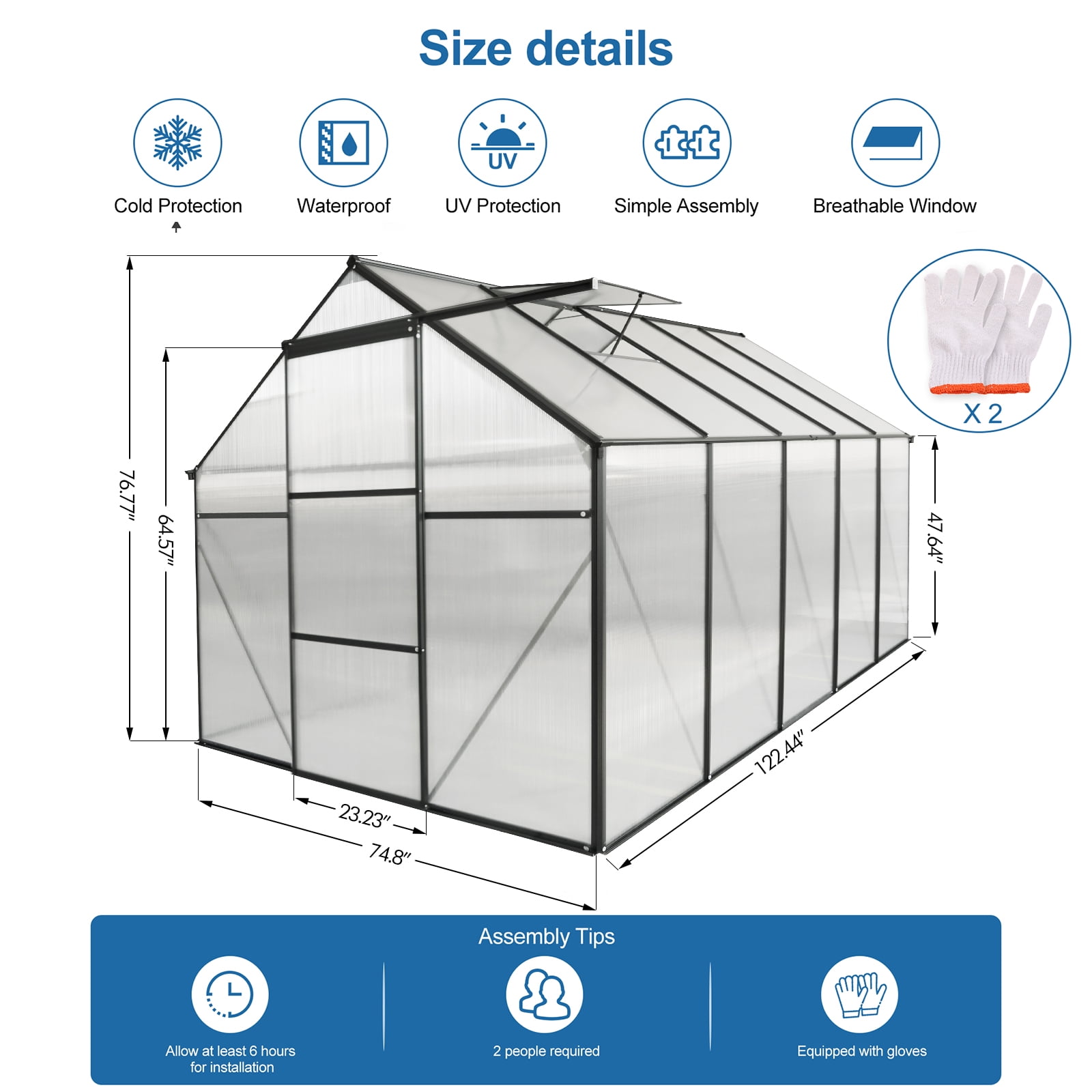 YANSHE 6x10 FT Walk-in Greenhouses, Polycarbonate Greenhouse With Drainage System, Galvanized Base, Sliding Door, Adjustable Roof For Outdoor Backyard