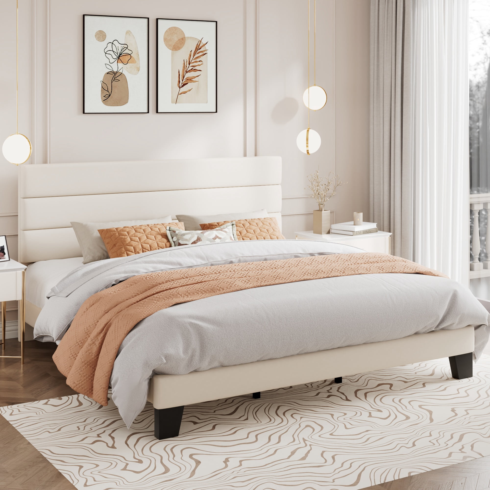Amolife King Bed Frame, Platform Bed Frame with Velvet Upholstered Slat Headboard, Cream