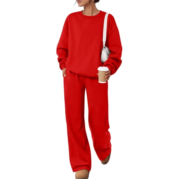 Garbnen Fleece Lined Sweatsuits for Women Set 2 Piece Crew Neck Long Sleeve Oversized Sweatshirt Elastic Waist Wide Leg Sweatpants Warm Plush Tracksuit Women Red XL