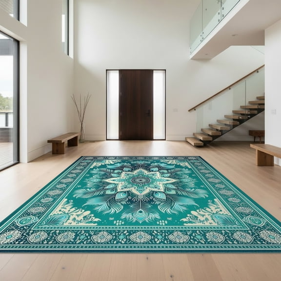 Design&I 8'x10' Washable Area Rug Extra Large Skid-Resistant Low Profile Boho Peacock Medallion With Distressed Vintage Border Accents for Living Room, Family