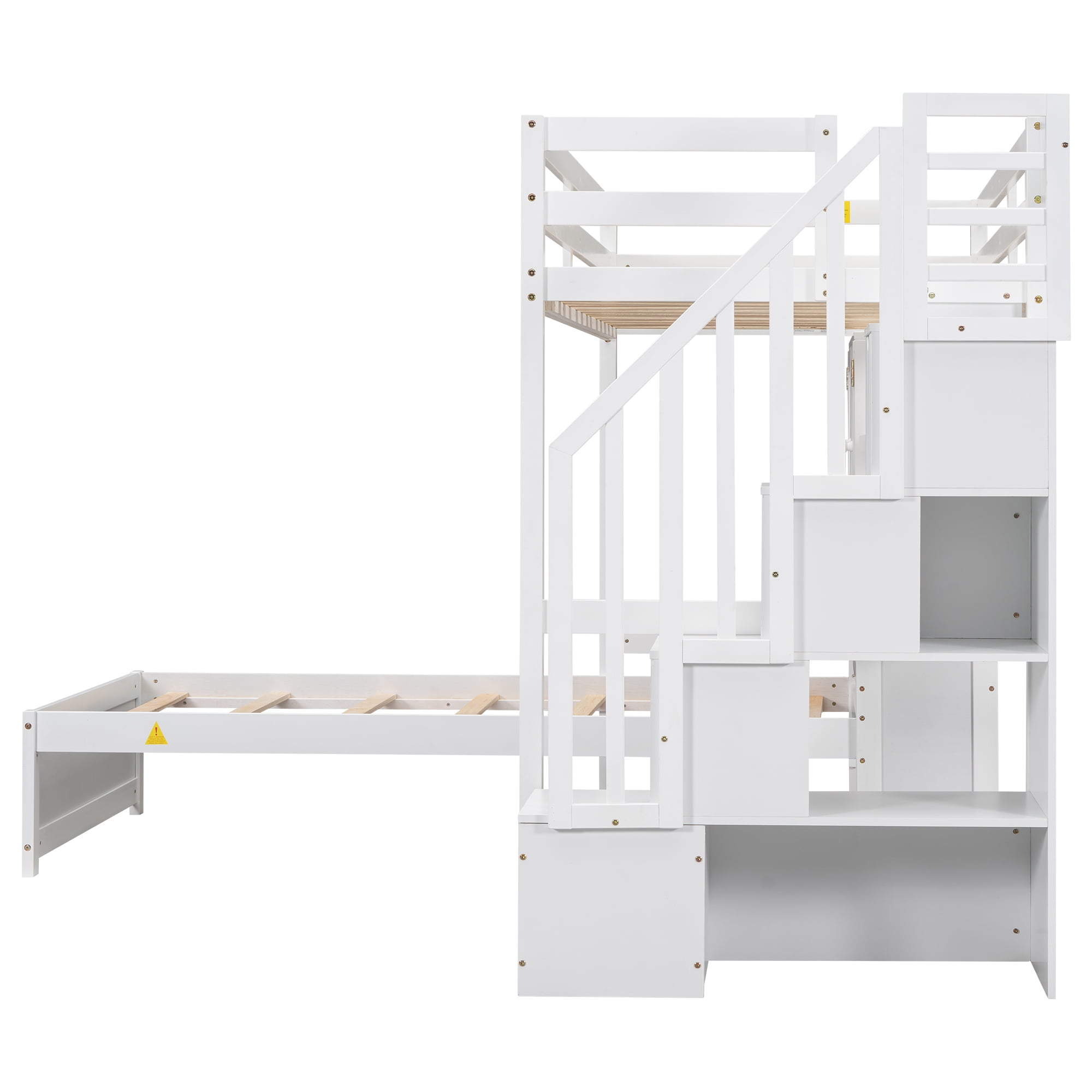 EUROCO Twin over Twin Bunk Bed with Desk and Shleves, Bookcase and Staircase for Kids Teens, White