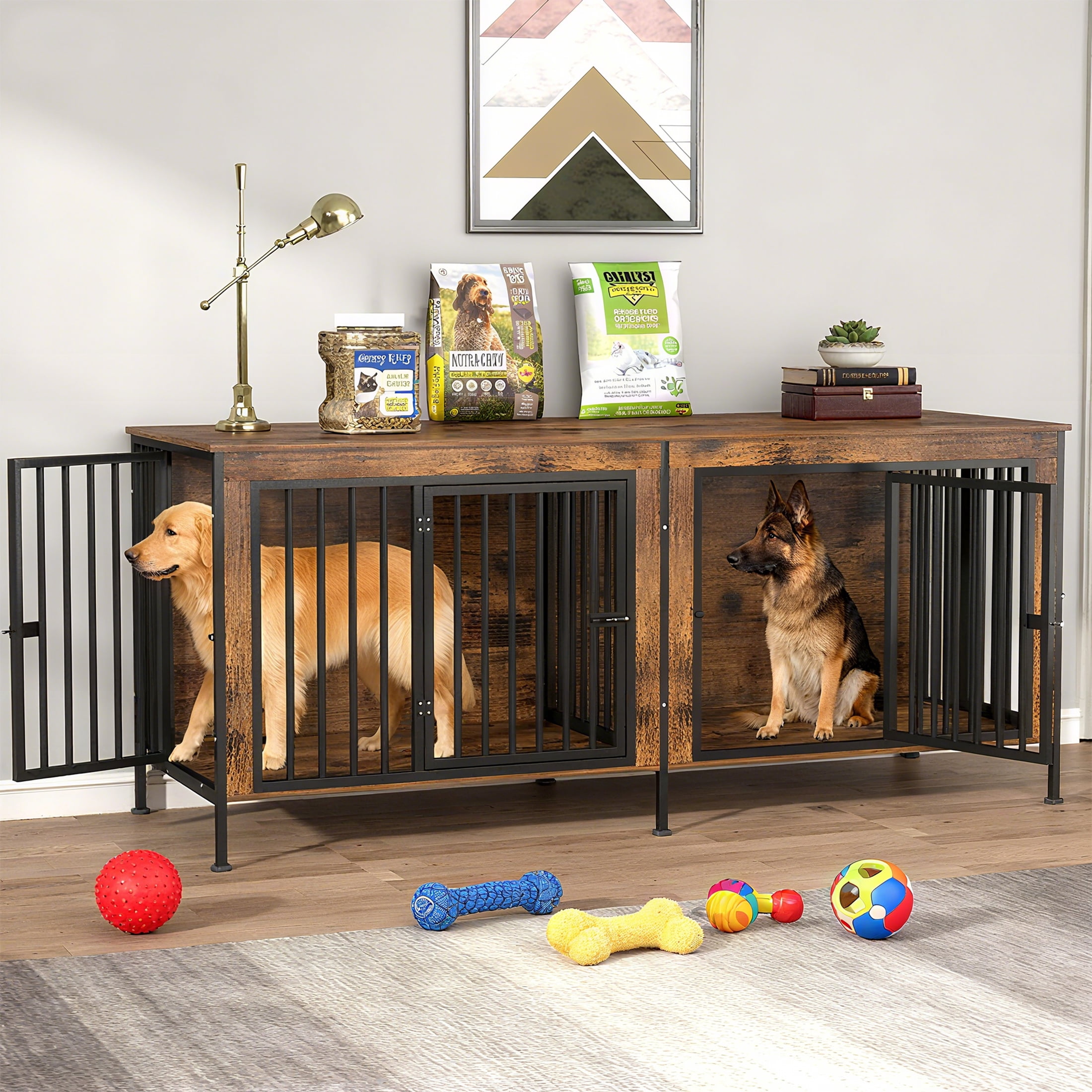 TIME RAY 78 Inch Dog Crate Furniture for Large Dog,Wood Dog Kennel Furniture Indoor with Removable Divider,Dog Cage Furniture as TV Stand,Brown