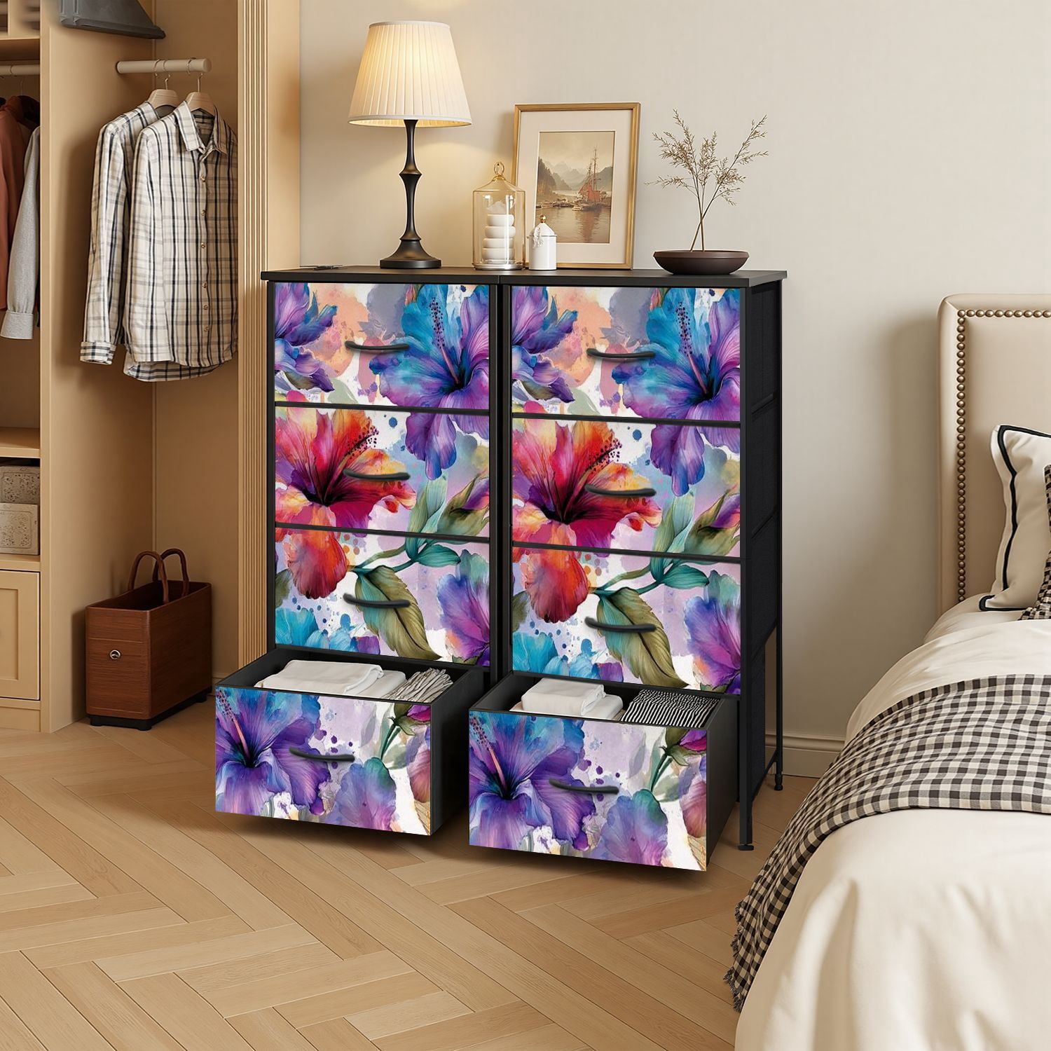 4 Drawer Vertical Storage Dresser Watercolor beautiful hibiscus flowers Dirty colorful with Wood Top Fabric Pull Drawers