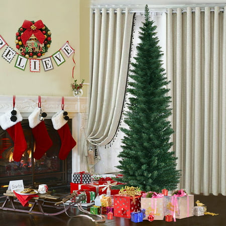 Costway 5Ft\6Ft\7Ft\9Ft PVC Artificial Pencil Christmas Tree Slim w/ Stand Home Holiday Decor
