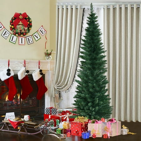 Pencil Artificial Christmas Tree Costway 5Ft\6Ft\7Ft\9Ft PVC Artificial Pencil Christmas Tree Slim w/ Stand Home Holiday Decor Green ()