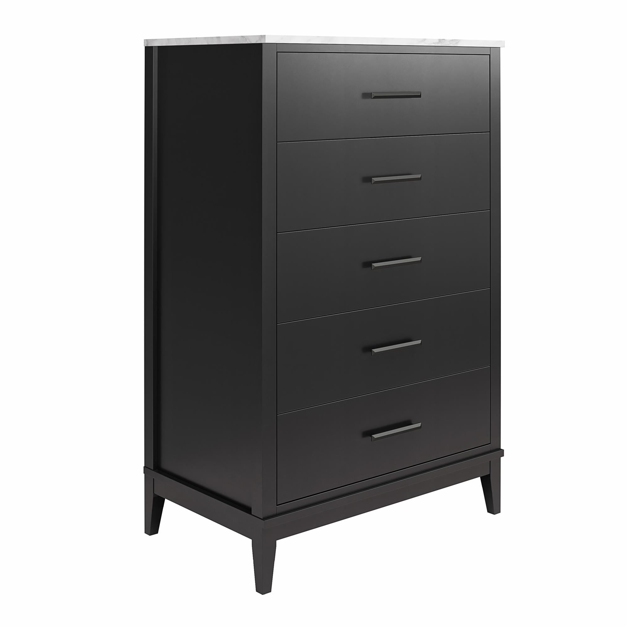 Ameriwood Home Amberleigh Tall 5 Drawer Dresser, Black w/ White Faux Marble Top