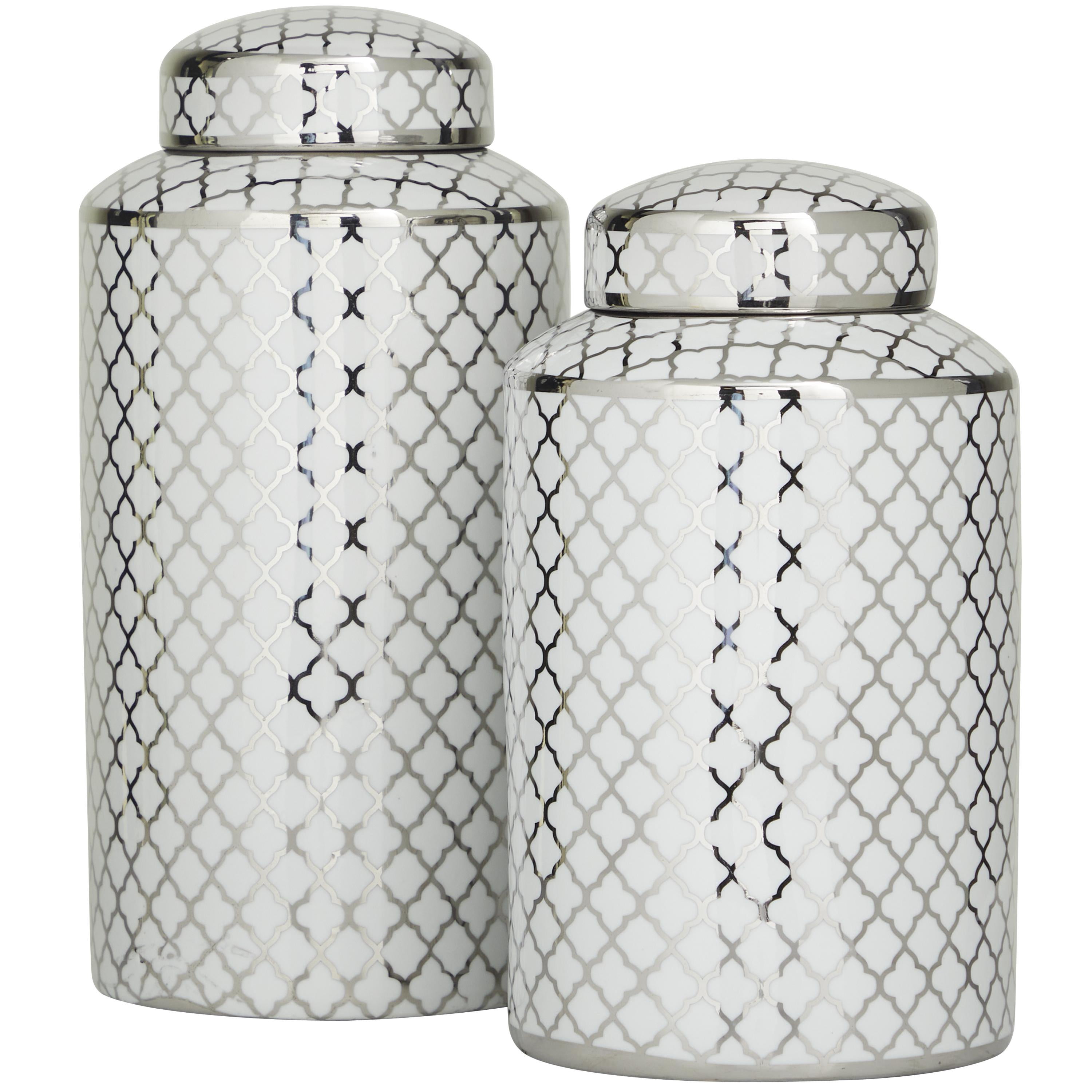 DecMode 14", 12"H Silver Ceramic Geometric Decorative Jars with Silver accents, 2-Pieces