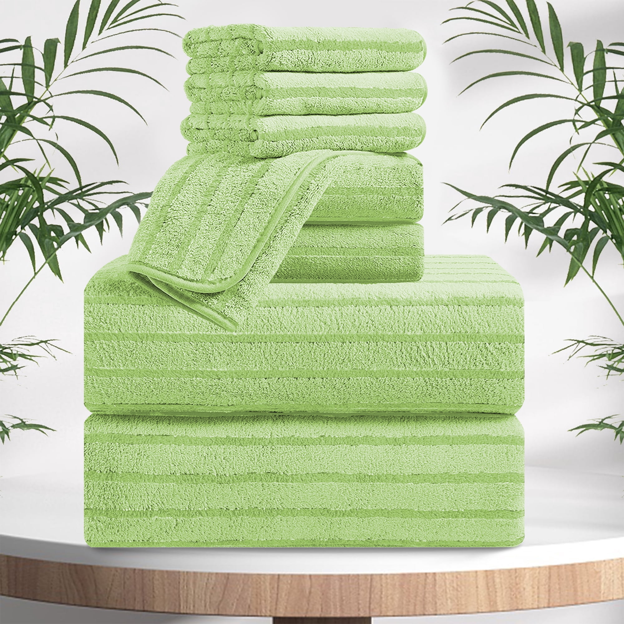 Jessy Home 8 Pcs Apple Green Bicolor bar Stripe Large Bath Towels Set 2 Oversized Bathroom Towels, 2 Hand Towels, 4 Washcloths