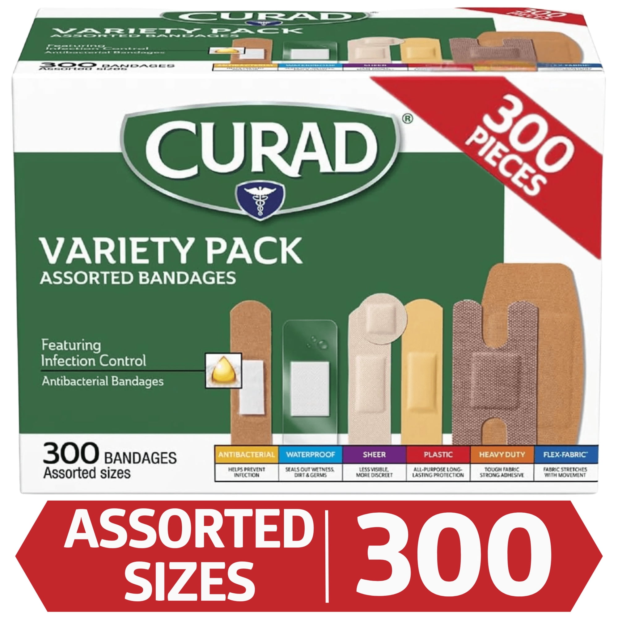 CURAD® Variety Pack Flexible, Waterproof and Antibacterial Adhesive Bandages, Multicolor, Assorted, 300 Count
