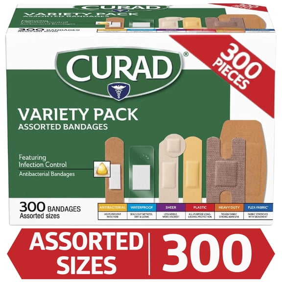 CURAD® Variety Pack Flexible, Waterproof and Antibacterial Adhesive Bandages, Multicolor, Assorted, 300 Count