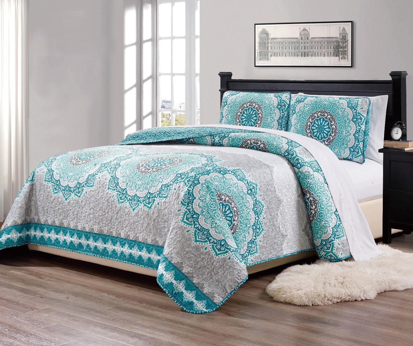 Fancy Linen 7pc King California Size Bedspread Quilt Over Fancy Linen 7pc King California Size Bedspread Quilt Over 118 X 95 Aqua Turquoise Coastal Plain Grey Green White Elegant Design And Sheet Set