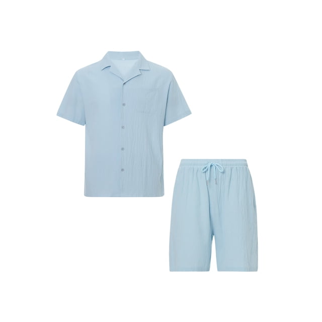 Sunloudy Conjunto de traje de 2 piezas para hombre, camisa de manga corta con cuello vuelto de color sólido + pantalones cortos para el verano Sunloudy S/M/L/XL/XXL
