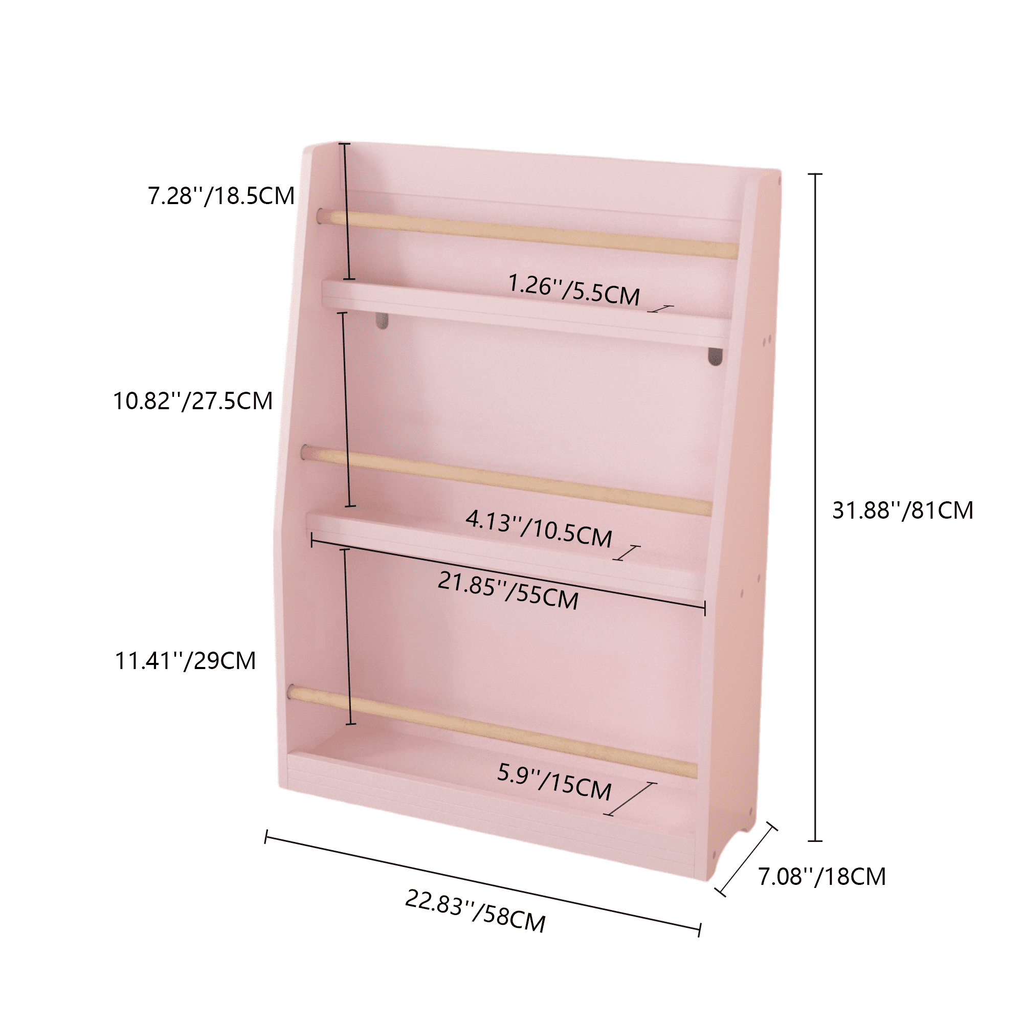 Miniyam 3-Tier Wooden Bookshelf with Toy Storage for Kid, Pink