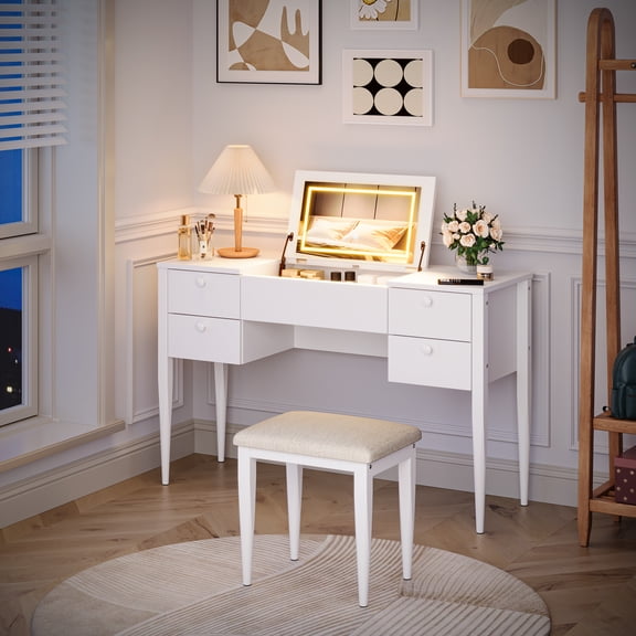 Small Makeup Vanity Desk Set with LED Lighted Mirror & Stool - 4 Drawers - 3 Color Lighting Modes - Modern White Vanity Table for Bedroom