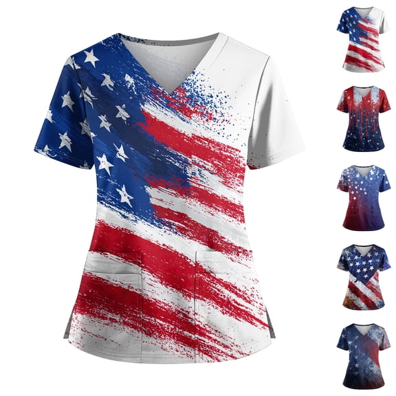 Women's American Flag Print Scrub Top V-Neck with Pockets Hospital Work Shirt Blue 5XL
