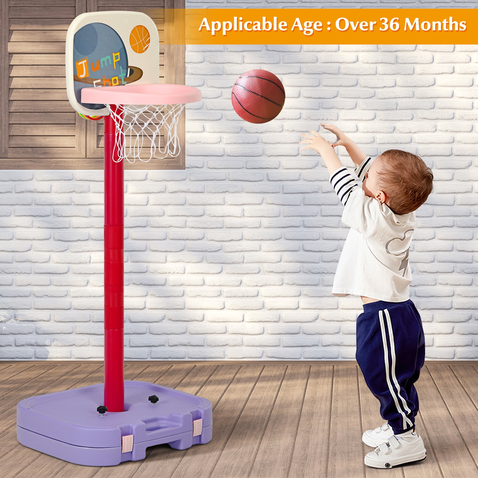 Gymax Portable 2 in 1 Kids Basketball Hoop Stand w/ Ring Toss & Storage Box Purple