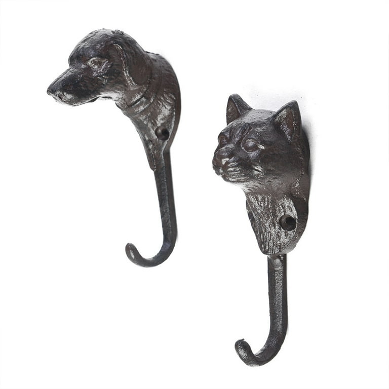 2Pcs Wall Door Hook Hanger Cast Iron Cat Dog Head Design Hat Key