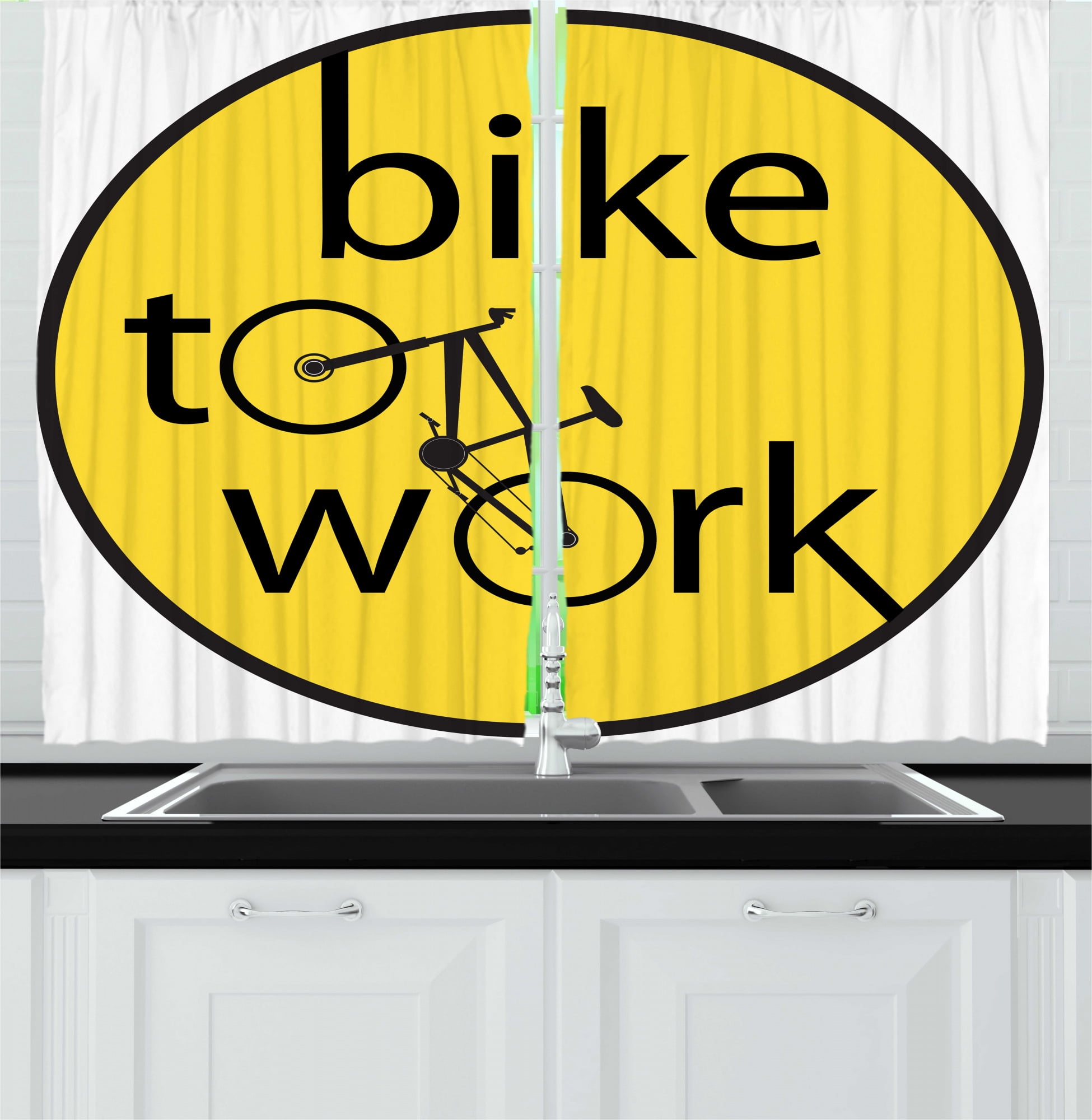 Yellow Kitchen Curtains, Healthy Life Theme Illustration of Bike to