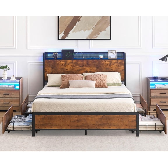 Jojoka RGB LED Light Full Size Bed Frame with Charging Station, 4 Storage Drawers and Wooden Storage Headboard, Platform with Strong Wood Slats Support, No Box Spring Needed, Rustic Brown