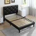 thumbnail image 3 of UHOMEPRO Upholstered Platform Twin Bed Frame with Headboard, Modern Black Faux Leather Twin Bed Frame with Wood Slat Support, Mattress Foundation for Adults Kids, No Box Spring Needed, 3 of 7