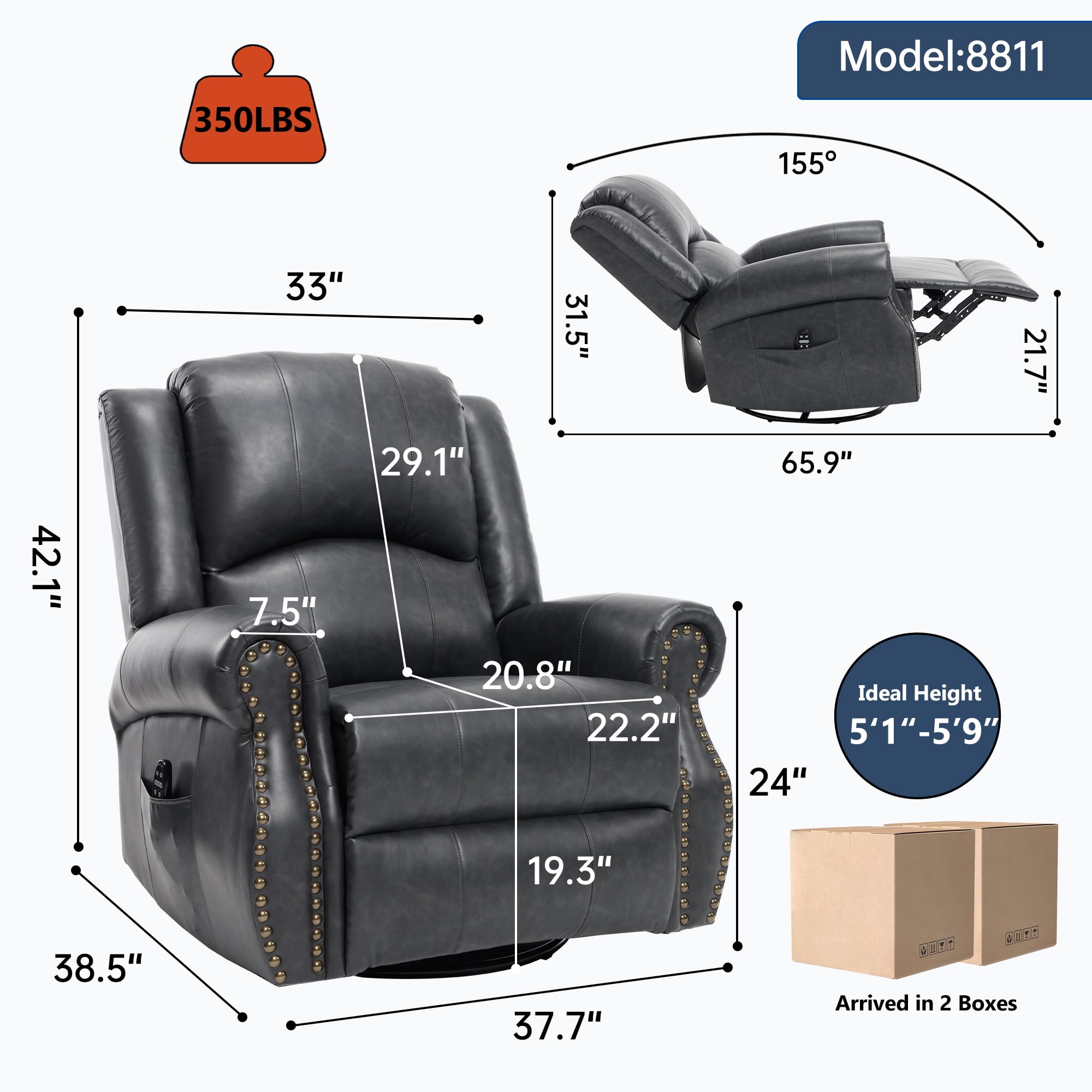 Leumius Oversized Swivel Recliner Chair for Adults,Swivel Rocker Recliner with Vibration Massage and Lumbar Heating for Living Room,Rivet Design,Gray