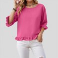 thumbnail image 3 of Towmus Womens 3/4 Sleeve Tops Knit Cotton Ladies Blouses Crew Neck T Shirts for Women Loose Fit Ruffle Sleeve Tunic Tops, L, Hot Pink, 3 of 8