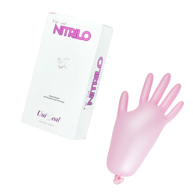 Guantes Desechables de Nitrilo Rosa Metálico Talla Chica, Multiusos, Caja Dispensadora con 100 Piezas Uniseal