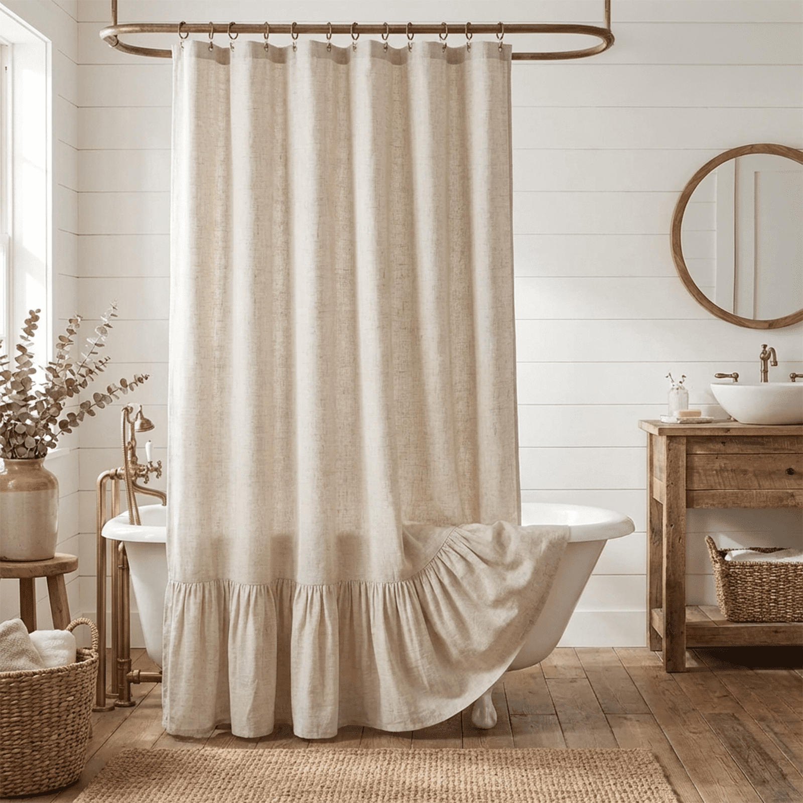 NixiYa Farmhouse Shower Curtain Ruffle Linen Shower Curtain for Bathroom Beige 72"x72"