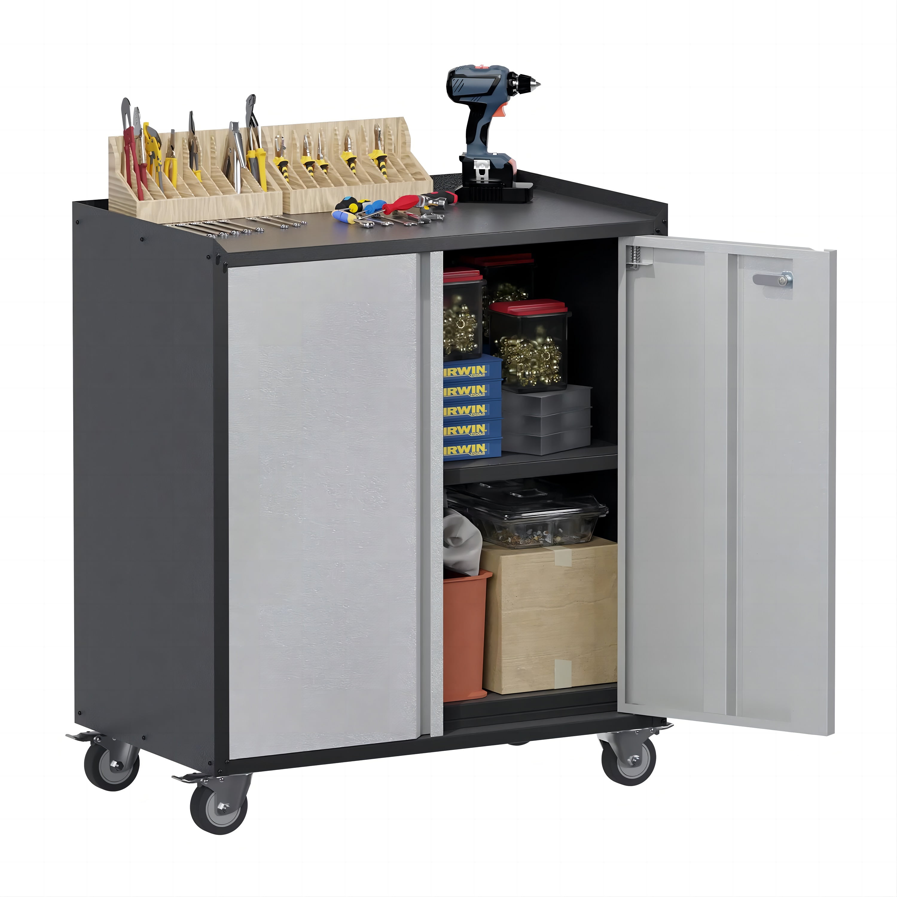 SUXXAN Metal Rolling with 2 Swing Doors, Adjustable Shelves