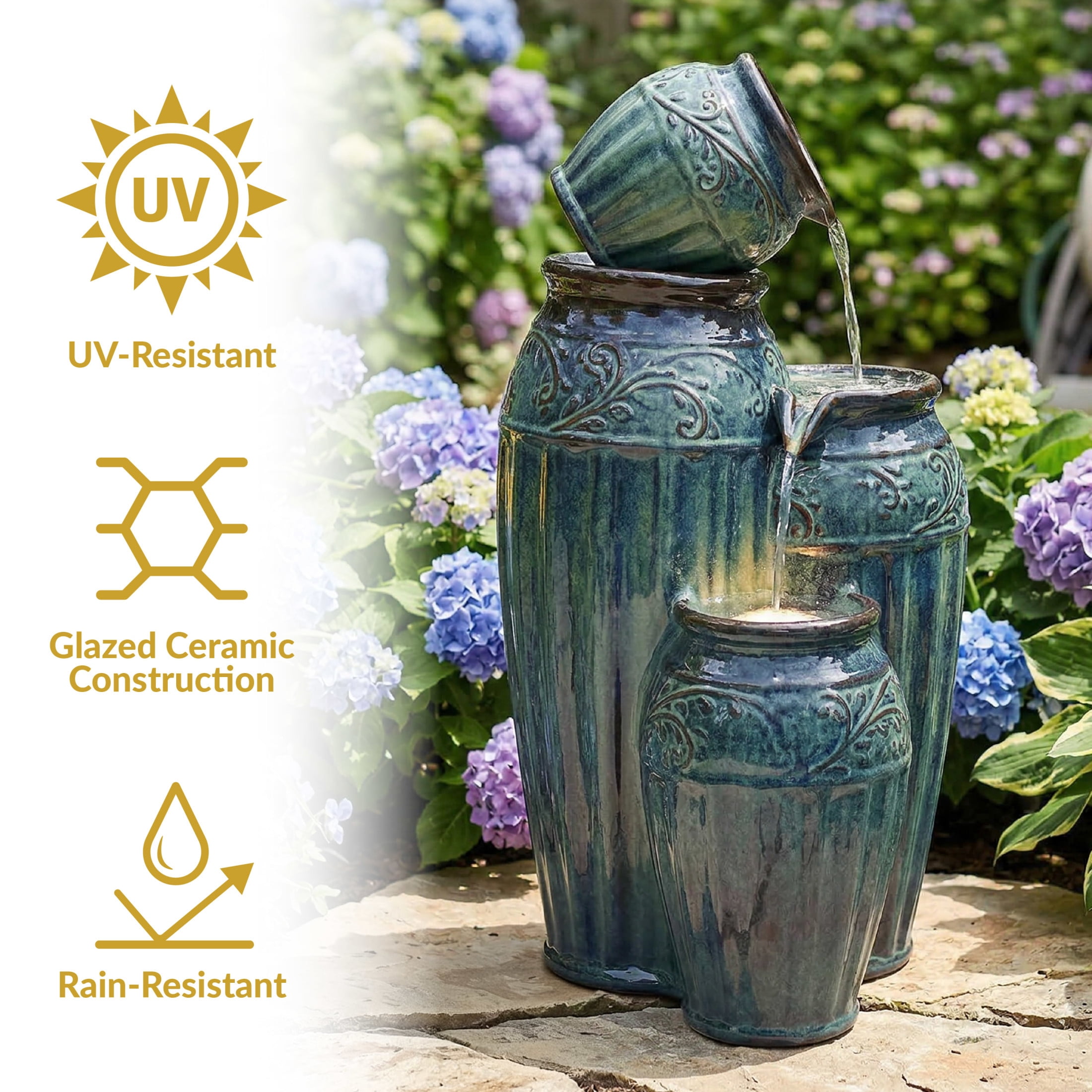 Sunnydaze Tour de Vase Ceramic Outdoor Water Fountain with Light