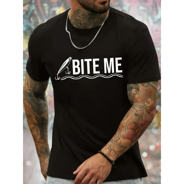 Bite Me Letter Print Men's Crew Neck Short Sleeve Tees, Summer Trendy T-Shirt, Casual Versatile Comfy Breathable Top For Outdoor Sports Daily Street Tee For Adult, Men, Women, Teen, Teenager, Adolesc