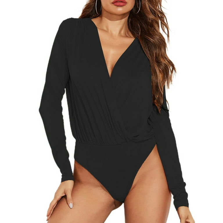 Defitshape Women's Long Sleeve Bodysuit Thong V Neck Sexy Summer Fall  Elastic Fitted Wrap Ruched Fashion Spandex Black Large