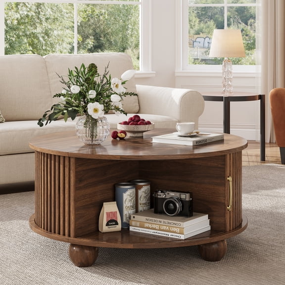 Round Coffee Table with Storage, Accent Fluted Drum Coffee Table with Sliding Door, Mid Century Modern Table for Living Room, Farmhouse Coffee Table for Small Space