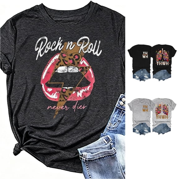 Trendfront Womens Crewneck T Shirts Rock N Roll Short Sleeve Leopard Lips Guitar Graphic Vintage Band Casual Tee Shirts