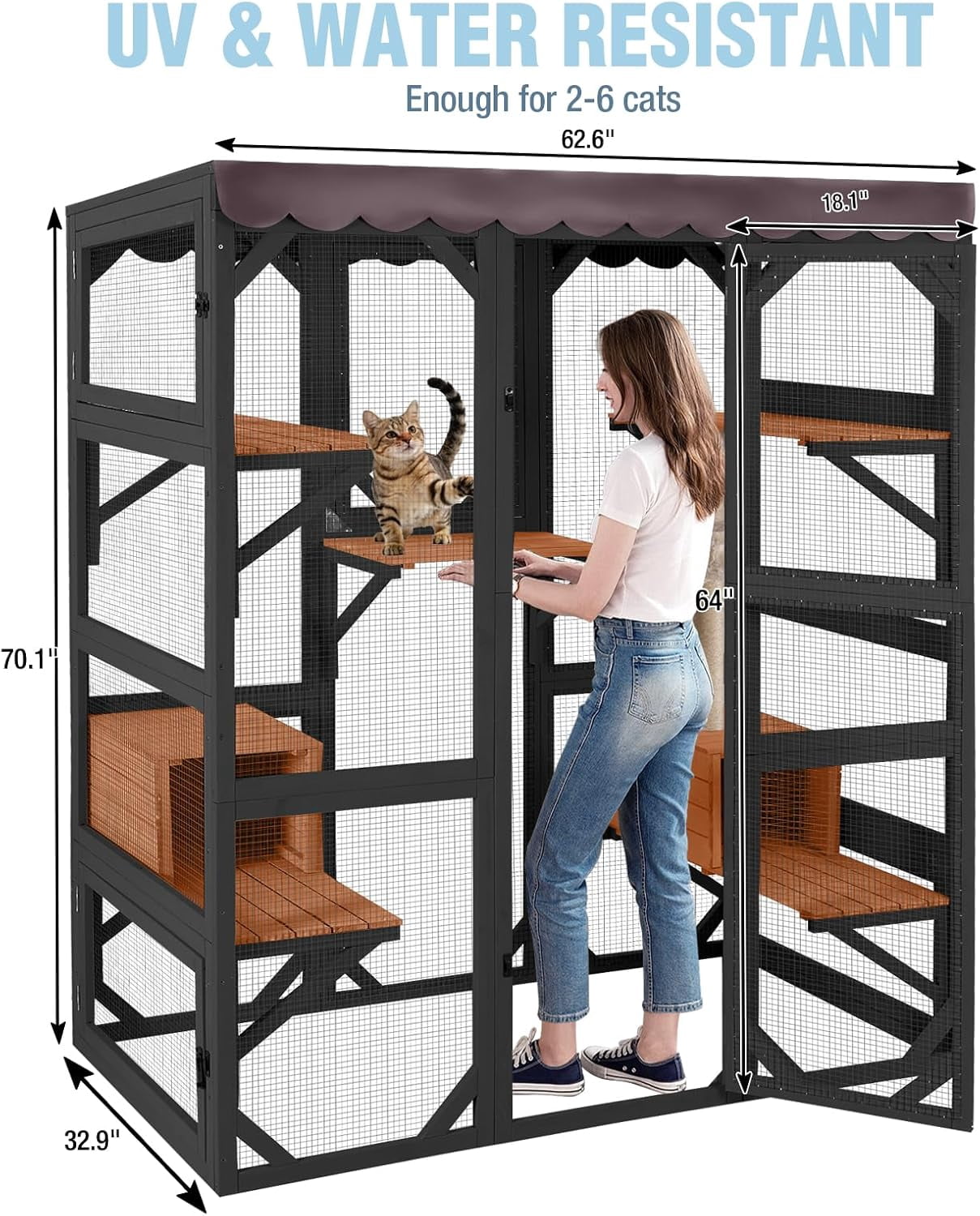 Aivituvin Catio Outdoor Cat Enclosure 70" Large Window Catio Wooden Cat House Walk-in Cat Cage with 7 Platforms Waterproof Cover for 2-6 Cats (Black)
