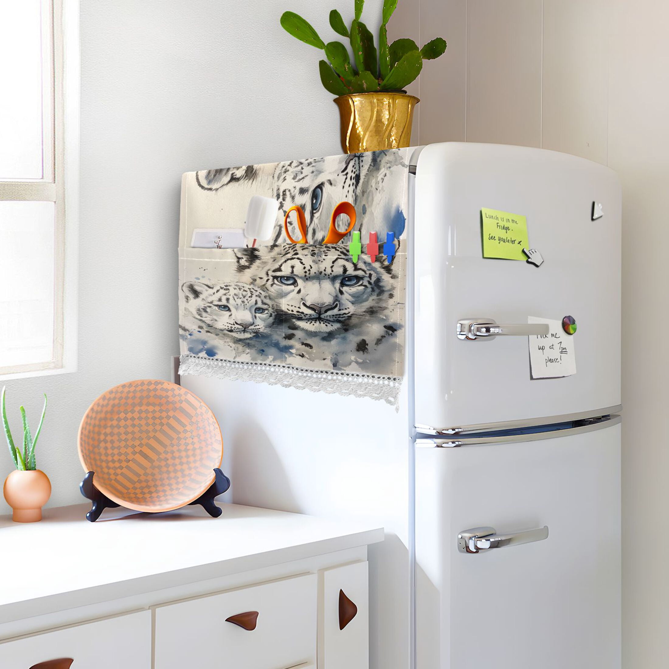 Two Snow Peopards PaintingWasher and Dryer Covers Dust-Proof and Oil Resistant Fridge Cover with 4 Storage Pockets Washing Machine Top Cover for Laundry Kitchen Home 51.2 x 22 In
