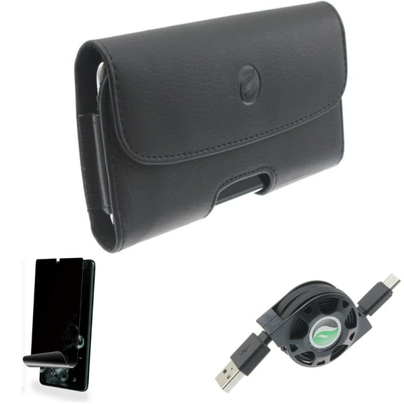 Privacy Screen Protector w USB Cable w Case Belt Clip for Samsung Galaxy S20 Ultra - TPU Film [NOT GLASS] [Fingerprint Works], Retractable Type-C Charger, Leather Holster Cover fits Galaxy S20 Ultra